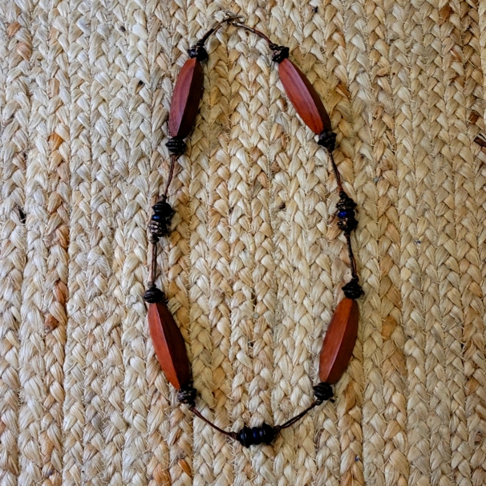 Hand-made statement necklace, wood , leather, beads, 28 inches